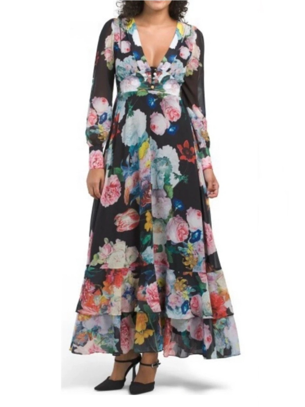 DALIA MACPHEE Long Sleeve Rose Maxi Dress With Buttons, Medium